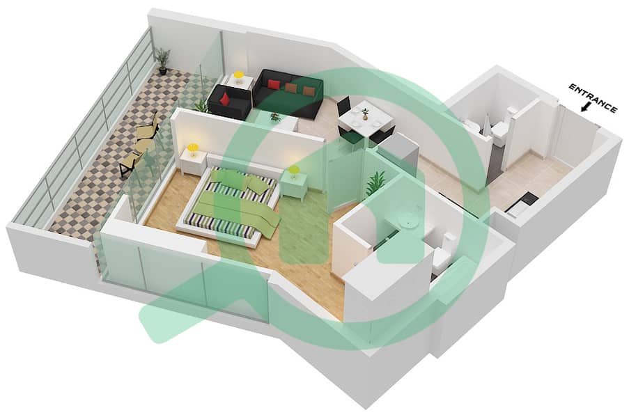 المخططات الطابقية لتصميم الوحدة D-201 شقة 1 غرفة نوم - أرتيسيا D interactive3D