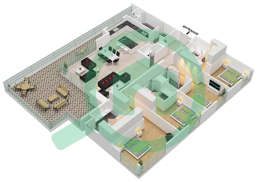 المخططات الطابقية لتصميم النموذج / الوحدة 4A-UNIT-2-FLOOR 10 شقة 4 غرف نوم - مدينة جميرا ليفينج interactive3D