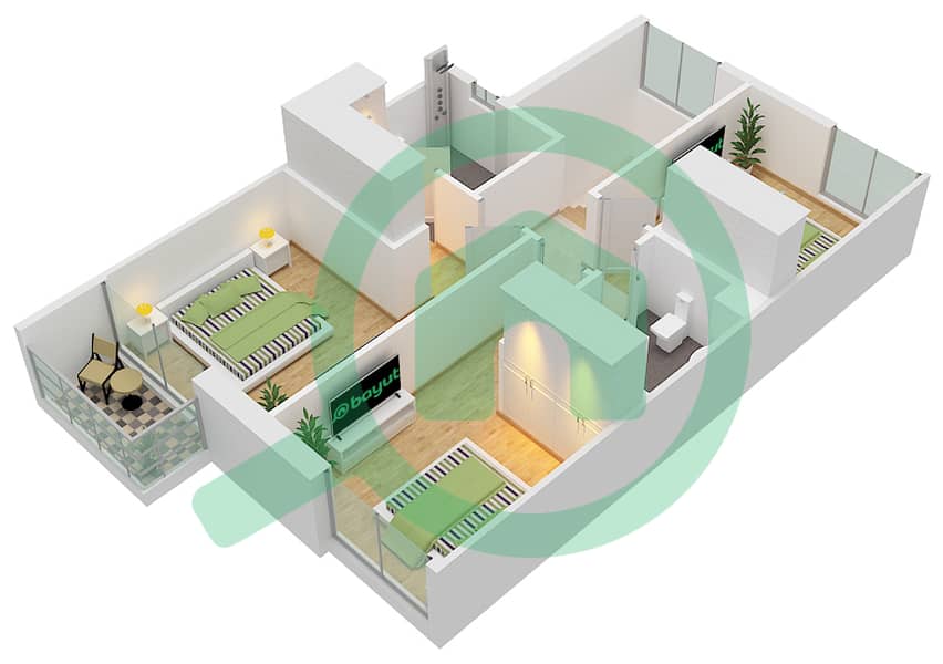 المخططات الطابقية لتصميم النموذج / الوحدة 3M,3M-1 / UNIT MID تاون هاوس 3 غرف نوم - لاروزا 3 First Floor interactive3D