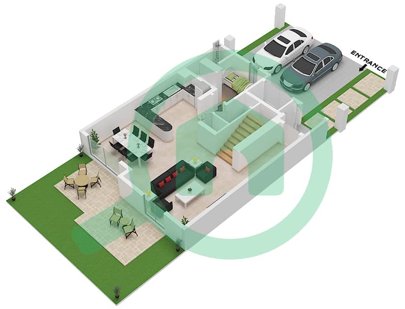 المخططات الطابقية لتصميم النموذج / الوحدة 3M / MIDDLE تاون هاوس 3 غرف نوم - بلوم ليفينج Ground Floor interactive3D