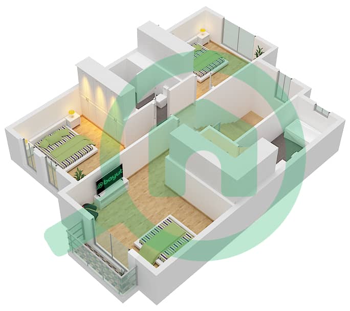 المخططات الطابقية لتصميم النموذج / الوحدة 3M / MIDDLE تاون هاوس 3 غرف نوم - بلوم ليفينج First Floor interactive3D