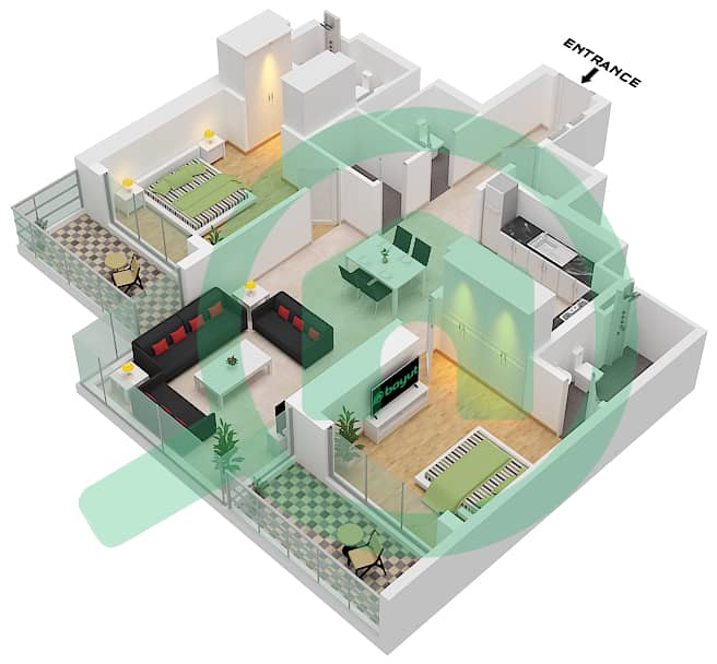 Крест Гранде - Апартамент 2 Cпальни планировка Тип/мера O-UNIT-10-7-12 interactive3D