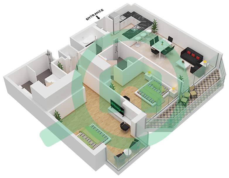 Источник II - Апартамент 2 Cпальни планировка Тип A interactive3D