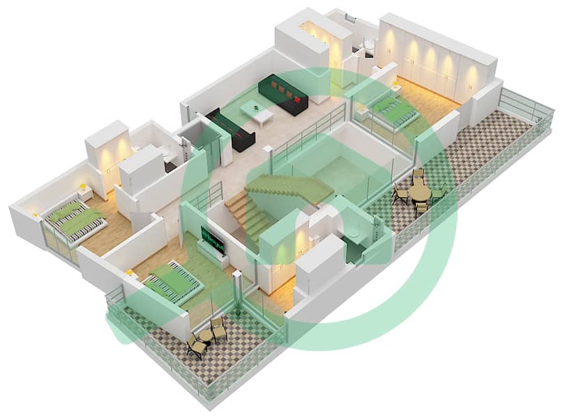 المخططات الطابقية لتصميم النموذج A فیلا 5 غرف نوم - كوريسيا I First Floor interactive3D