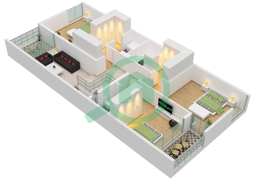 المخططات الطابقية لتصميم النموذج B تاون هاوس 3 غرف نوم - جوري هيلز First Floor interactive3D