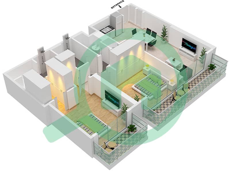 瑞吉公馆 - 2 卧室公寓类型／单位E-3戶型图 interactive3D