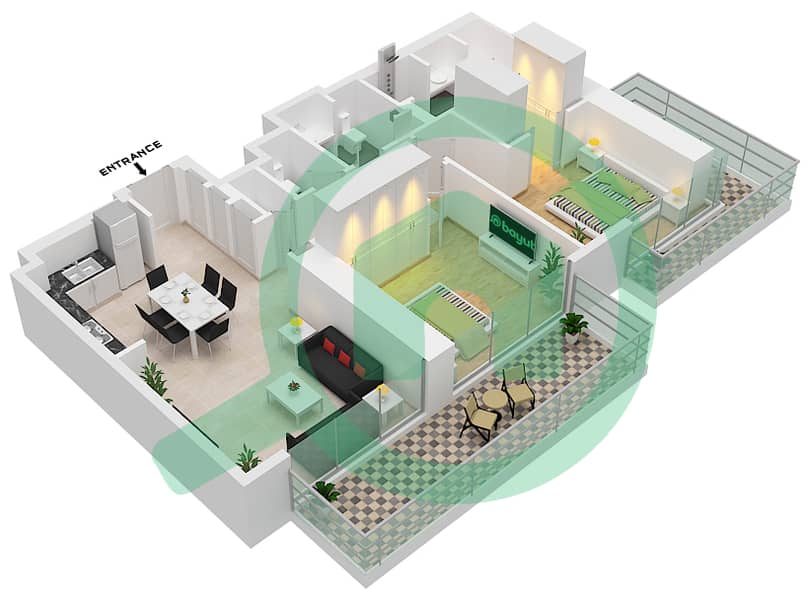 المخططات الطابقية لتصميم النموذج / الوحدة A-2 شقة 2 غرفة نوم - ذا سانت ريجيس رزيدنسز interactive3D