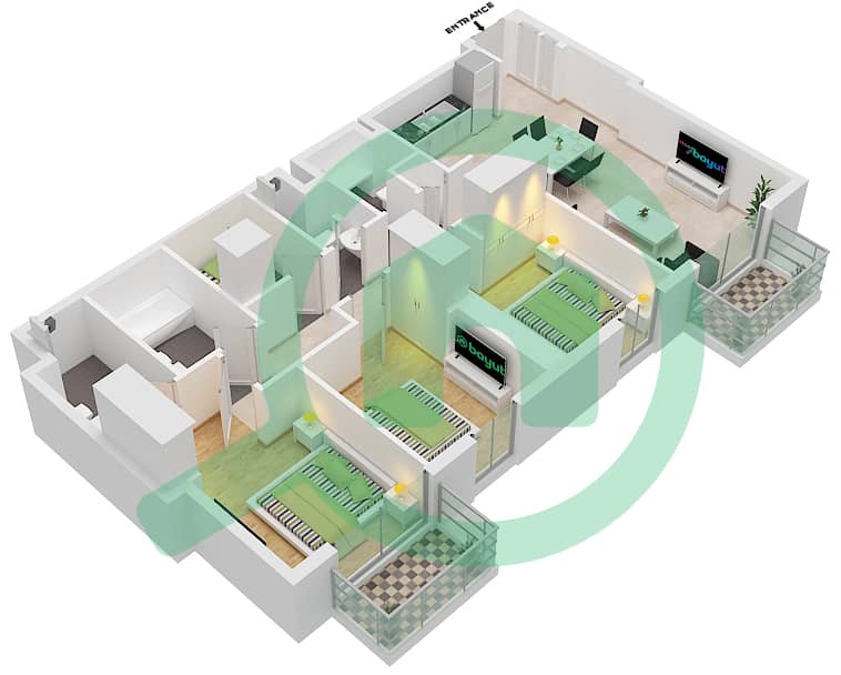 المخططات الطابقية لتصميم النموذج A شقة 3 غرف نوم - برج كراون interactive3D