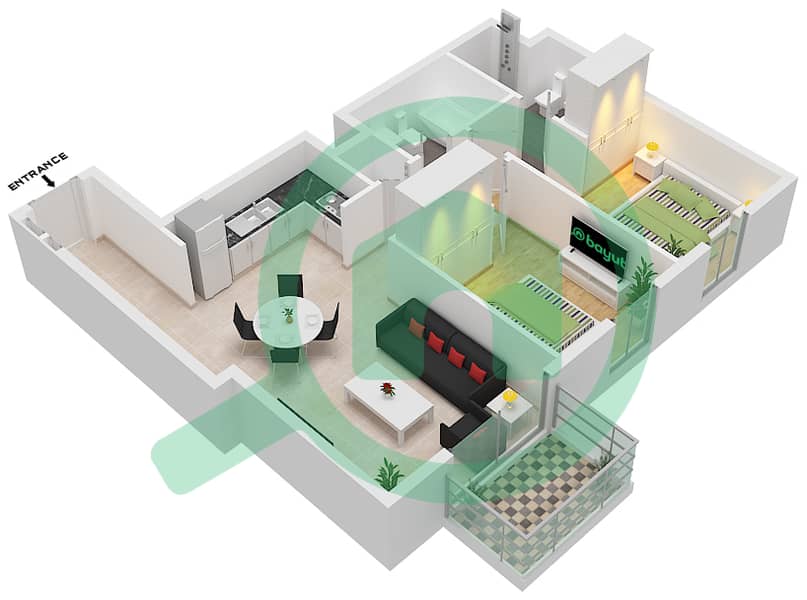 المخططات الطابقية لتصميم النموذج / الوحدة C2 / UNIT-01,11-FLOOR 40 شقة 2 غرفة نوم - برج كراون interactive3D