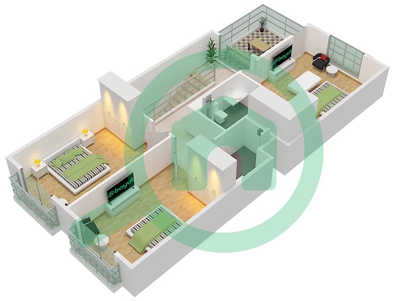 المخططات الطابقية لتصميم النموذج / الوحدة 1A-UNIT-END UNIT فیلا 3 غرف نوم - ياسمين لين First Floor interactive3D