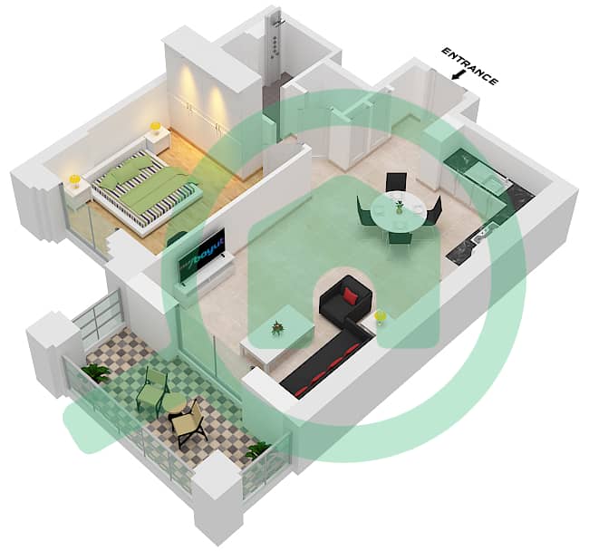 Al Jazi Building 2 - 1 Bedroom Apartment Type/unit C1 / UNIT-108,208,308,408 Floor plan Floor 1-9 interactive3D
