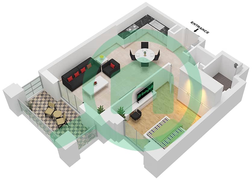 Al Jazi Building 2 - 1 Bedroom Apartment Type/unit A1 / UNIT-307 Floor plan Floor 3 interactive3D