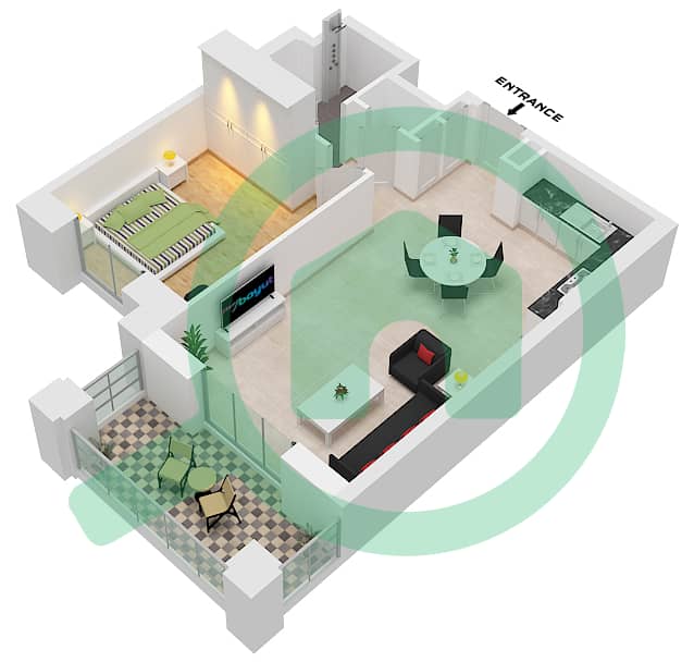 Al Jazi Building 2 - 1 Bedroom Apartment Type/unit A1 / UNIT-309,409,509 Floor plan Floor 3-5 interactive3D
