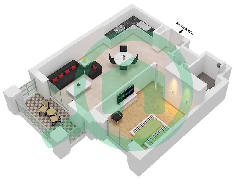 Al Jazi Building 2 - 1 Bedroom Apartment Type/unit D1 / UNIT-312,412 Floor plan Floor 3-4 interactive3D