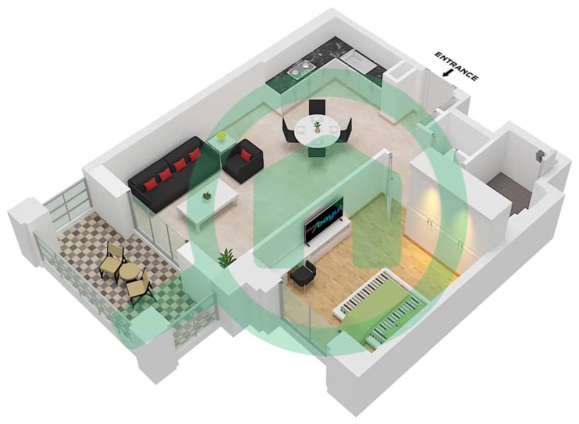 Al Jazi Building 2 - 1 Bedroom Apartment Type/unit A1 / UNIT-407,507,607 Floor plan Floor 4-6 interactive3D