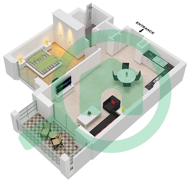 Al Jazi Building 2 - 1 Bedroom Apartment Type/unit A1 / UNIT-513,613,712,810 Floor plan Floor 5-9 interactive3D