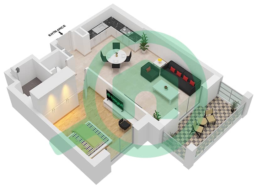 Al Jazi Building 2 - 1 Bedroom Apartment Type/unit A1 / UNIT-609,709 Floor plan Floor 6-7 interactive3D