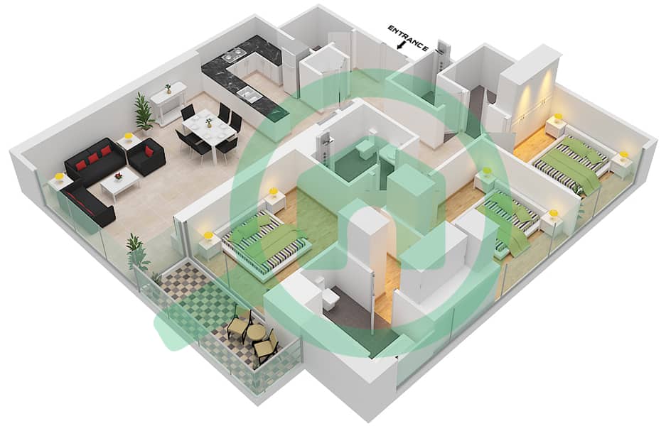 المخططات الطابقية لتصميم النموذج B شقة 3 غرف نوم - برج كريك جيت 1 interactive3D