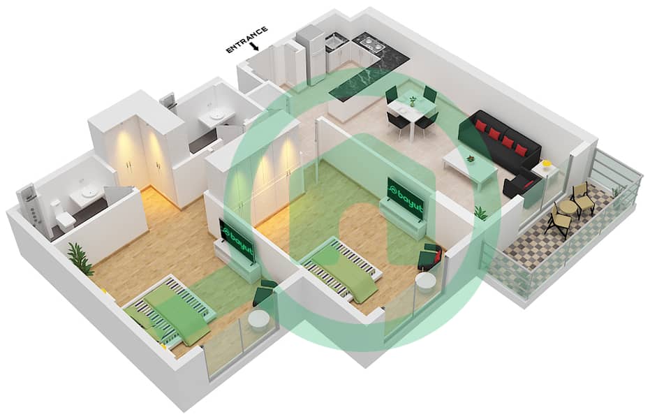 المخططات الطابقية لتصميم النموذج H(M) شقة 2 غرفة نوم - ذا هاميلتون interactive3D