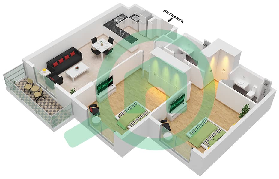 المخططات الطابقية لتصميم النموذج H شقة 2 غرفة نوم - ذا هاميلتون interactive3D