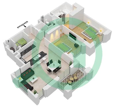 المخططات الطابقية لتصميم النموذج / الوحدة B1 / UNIT-102 شقة 2 غرفة نوم - بناية الجازي 2