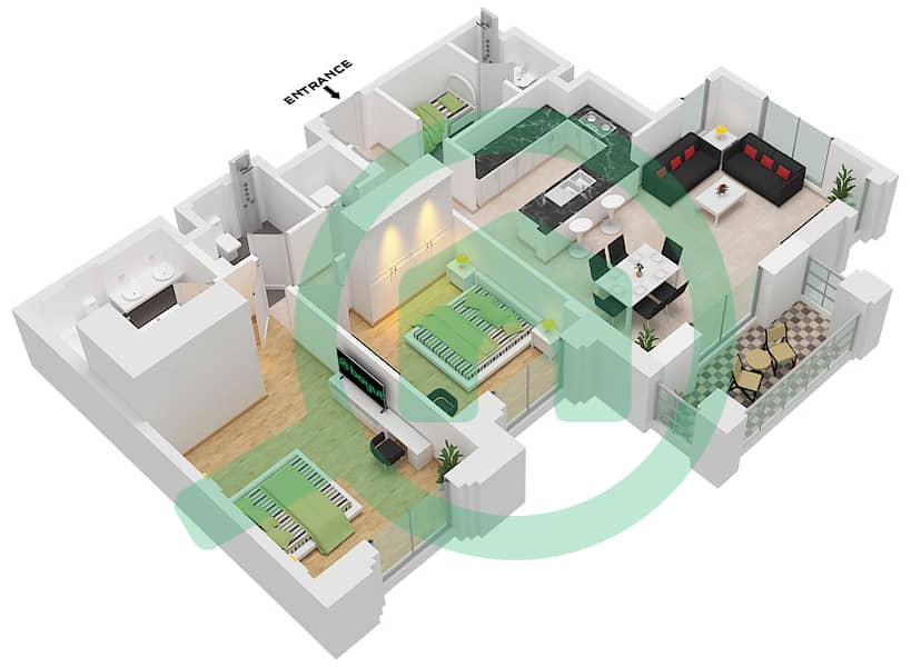 المخططات الطابقية لتصميم النموذج / الوحدة B1 / UNIT-103,203,303 شقة 2 غرفة نوم - بناية الجازي 2 Floor 1-3 interactive3D