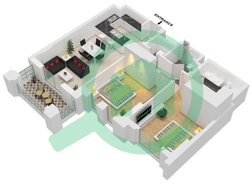 Al Jazi Building 2 - 2 Bedroom Apartment Type/unit A4 / UNIT-111 Floor plan Floor 1 interactive3D