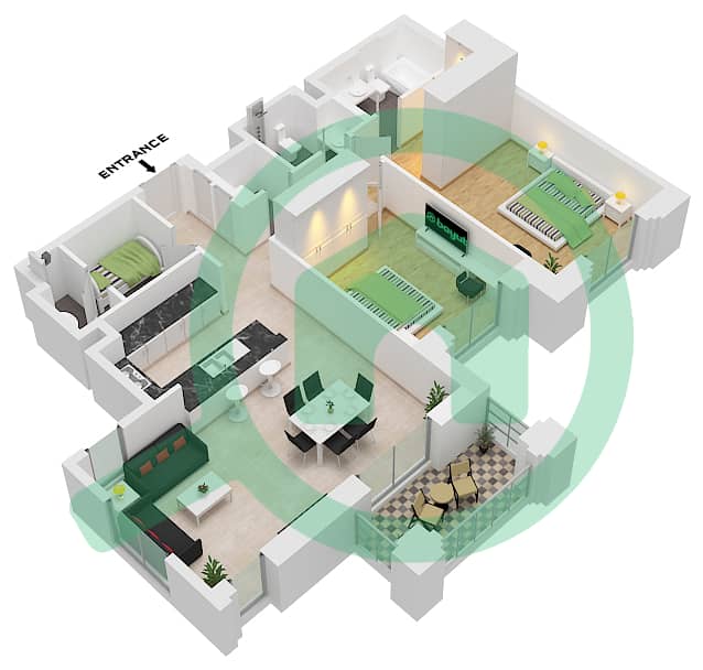 Al Jazi Building 2 - 2 Bedroom Apartment Type/unit B1 / UNIT-202 Floor plan Floor 2 interactive3D