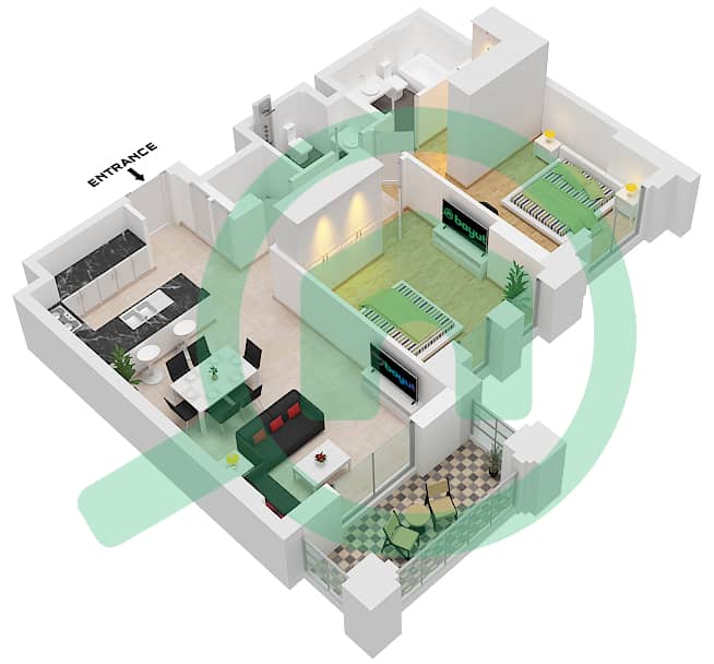 Al Jazi Building 2 - 2 Bedroom Apartment Type/unit A4 / UNIT-211 Floor plan Floor 2 interactive3D