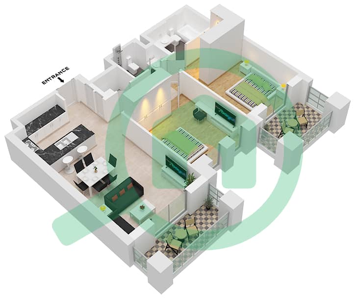 المخططات الطابقية لتصميم النموذج / الوحدة A5 /  UNIT-501 شقة 2 غرفة نوم - بناية الجازي 2 Floor 5 interactive3D