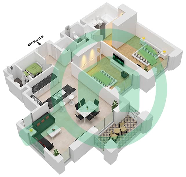 阿尔贾兹2号大楼 - 2 卧室公寓类型／单位B1 / UNIT-502,602戶型图 Floor 5-6 interactive3D