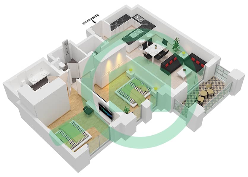 المخططات الطابقية لتصميم النموذج / الوحدة A4 / UNIT-605,705,805,905 شقة 2 غرفة نوم - بناية الجازي 2 Floor 6-9 interactive3D