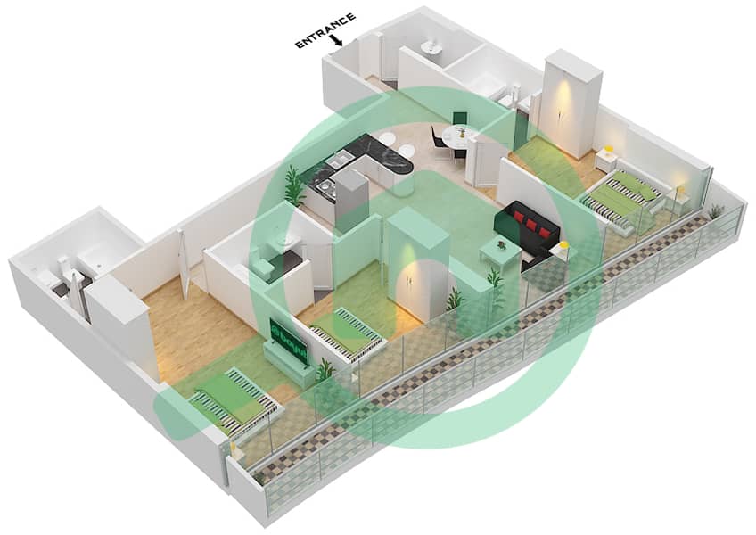 Marina Bay By DAMAC - 3 Bedroom Apartment Unit 1408 FLOOR-14TH Floor plan Floor-14th interactive3D