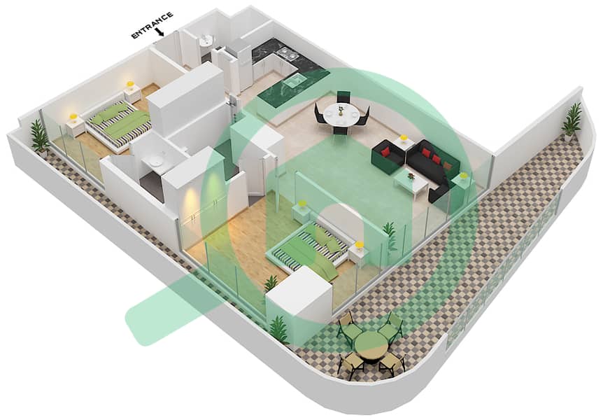المخططات الطابقية لتصميم النموذج B2-FLOOR 5,7,9,11,13,15 شقة 2 غرفة نوم - كورال ريف من داماك interactive3D