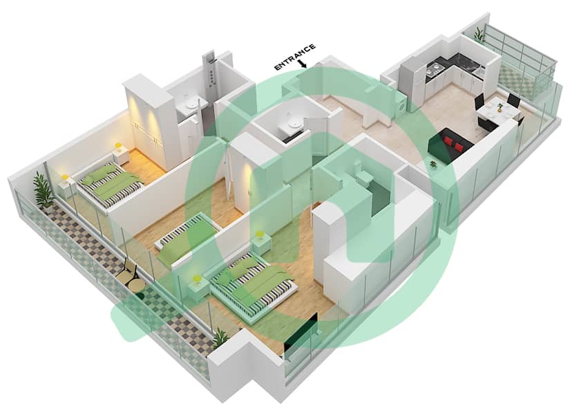 المخططات الطابقية لتصميم النموذج A شقة 3 غرف نوم - أيكون سيتي تاور C interactive3D