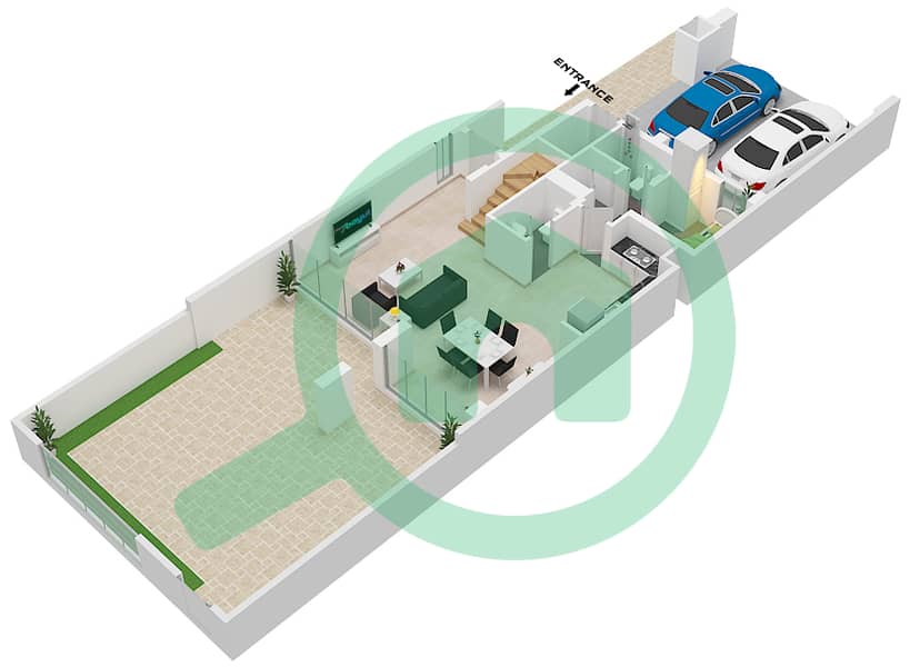 المخططات الطابقية لتصميم النموذج / الوحدة A1 / UNIT-MID UNIT تاون هاوس 3 غرف نوم - شمس تاون هاوس Ground Floor interactive3D