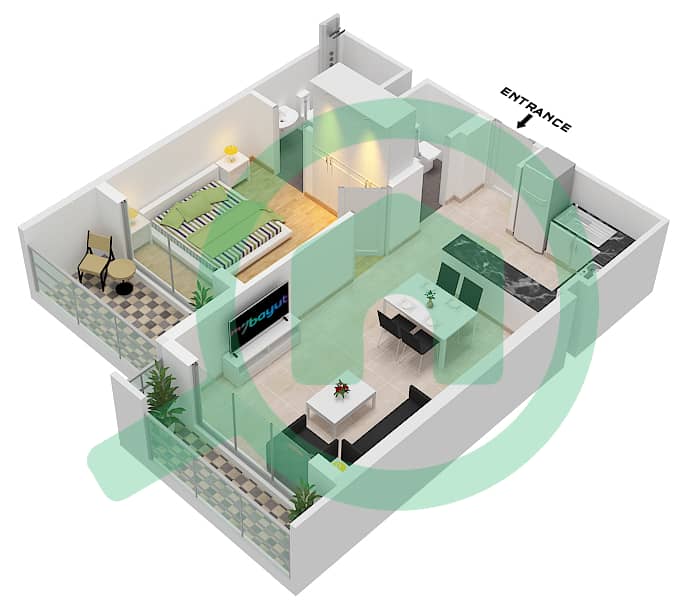 المخططات الطابقية لتصميم النموذج E-FLOOR 2-8 شقة 1 غرفة نوم - ذا هافن interactive3D