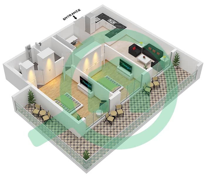 المخططات الطابقية لتصميم النموذج A شقة 2 غرفة نوم - فينسيتور دولتشي فيتا interactive3D