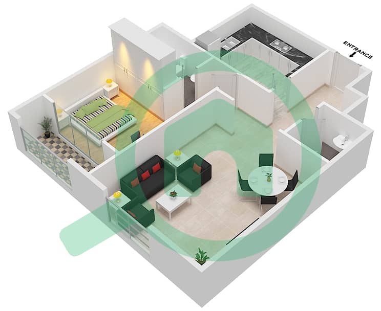 المخططات الطابقية لتصميم النموذج 6 SERIES / BLOCK-B شقة 1 غرفة نوم - أبراج غلفا interactive3D