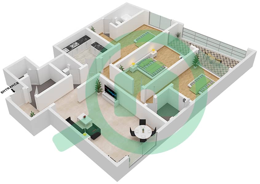Gulfa Towers - 3 Bedroom Apartment Type 2 SERIES / BLOCK-A Floor plan interactive3D