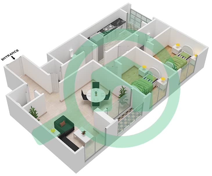 المخططات الطابقية لتصميم النموذج 9 SERIES / BLOCK-A شقة 2 غرفة نوم - أبراج غلفا interactive3D