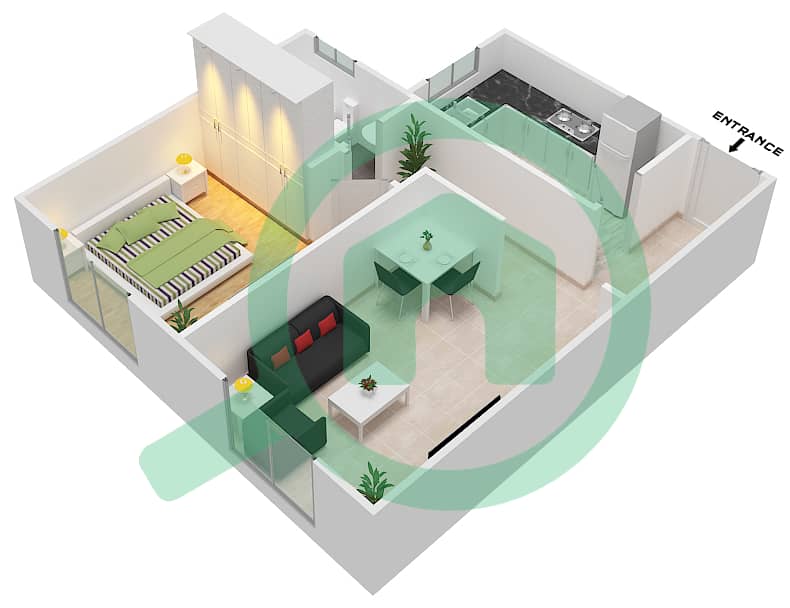 المخططات الطابقية لتصميم النموذج 1 SERIES / BLOCK B شقة 1 غرفة نوم - أبراج غلفا interactive3D