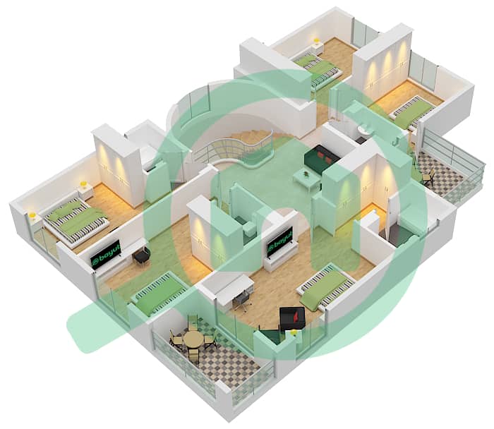 المخططات الطابقية لتصميم النموذج B فيلا تجارية 5 غرف نوم - فلل B First Floor interactive3D