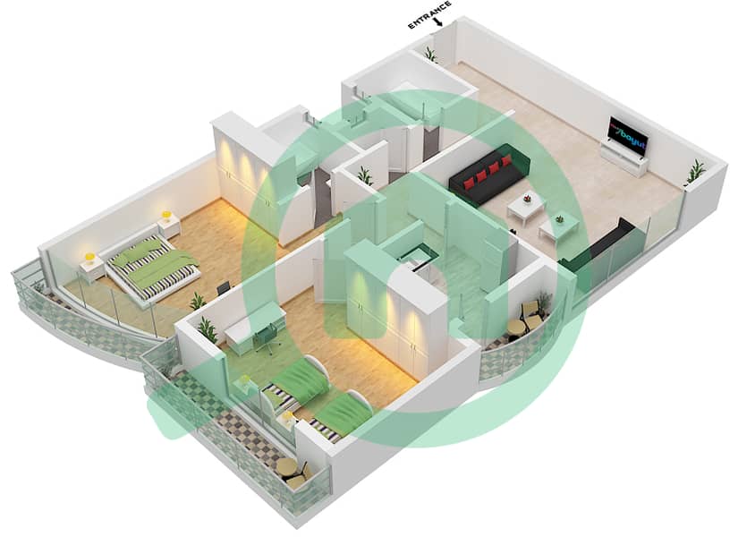 Orient Towers - 2 Bedroom Apartment Type A Floor plan interactive3D
