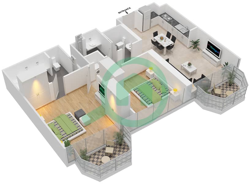 谦恭海港大厦 - 2 卧室公寓类型T1-2B戶型图 Floor 32-41 interactive3D