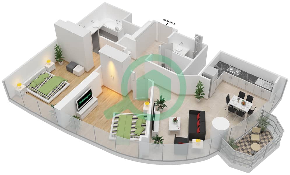المخططات الطابقية لتصميم النموذج T1-2A شقة 2 غرفة نوم - العنوان هاربر بوينت خور دبي Floor 19-31,32-41 interactive3D