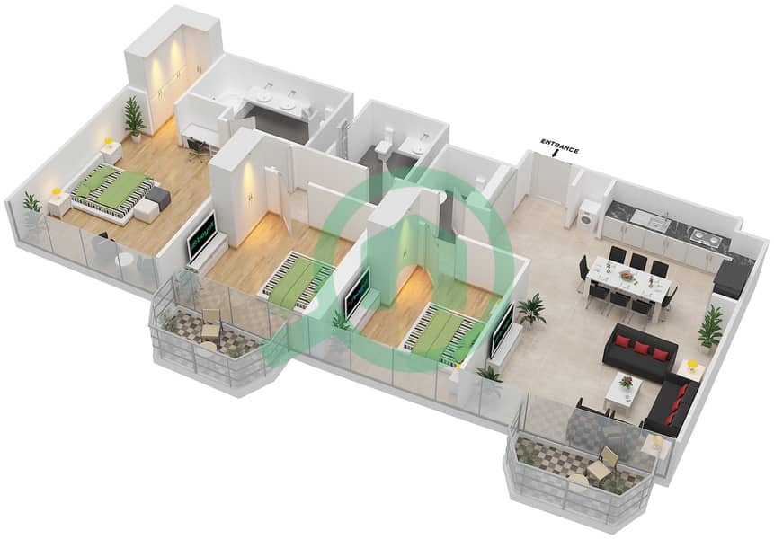 المخططات الطابقية لتصميم النموذج T2-3A شقة 3 غرف نوم - العنوان هاربر بوينت خور دبي Floor 19-41,42-54 interactive3D