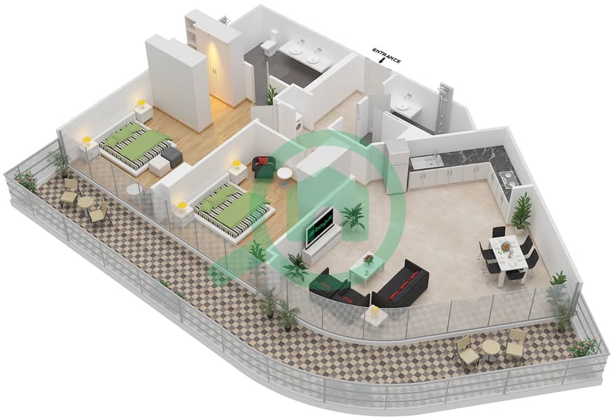 谦恭海港大厦 - 2 卧室公寓类型PD-2C戶型图 interactive3D