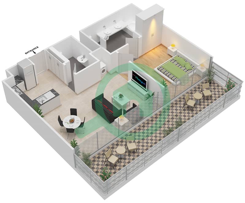 谦恭海港大厦 - 1 卧室公寓类型PD-1B戶型图 interactive3D
