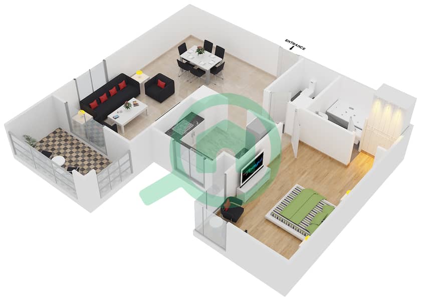 阿齐兹费鲁兹公寓 - 1 卧室公寓类型／单位1A UNIT 05/FLOOR 3 - 11戶型图 Floor 3 - 11 interactive3D